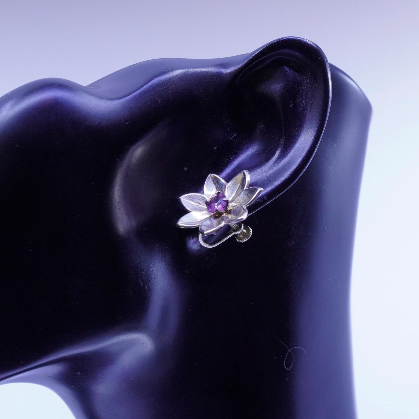 Vermeil Gold over Sterling 925 silver earrings, screw back flower with amethyst