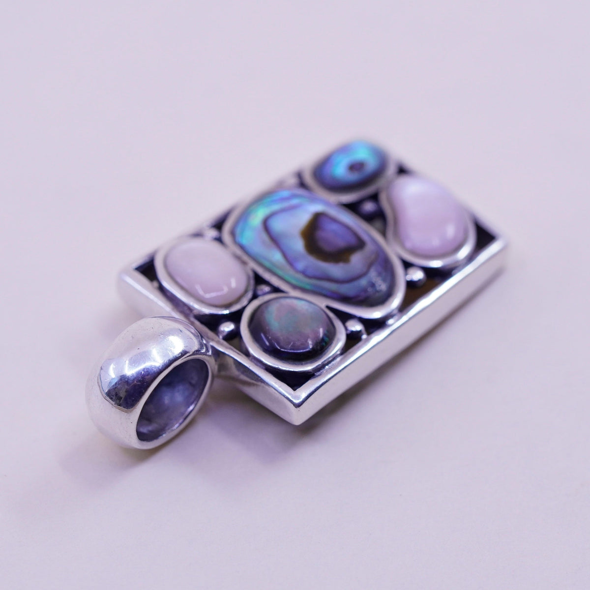 Vintage sterling 925 silver handmade pendant, with abalone pink mother of pearl
