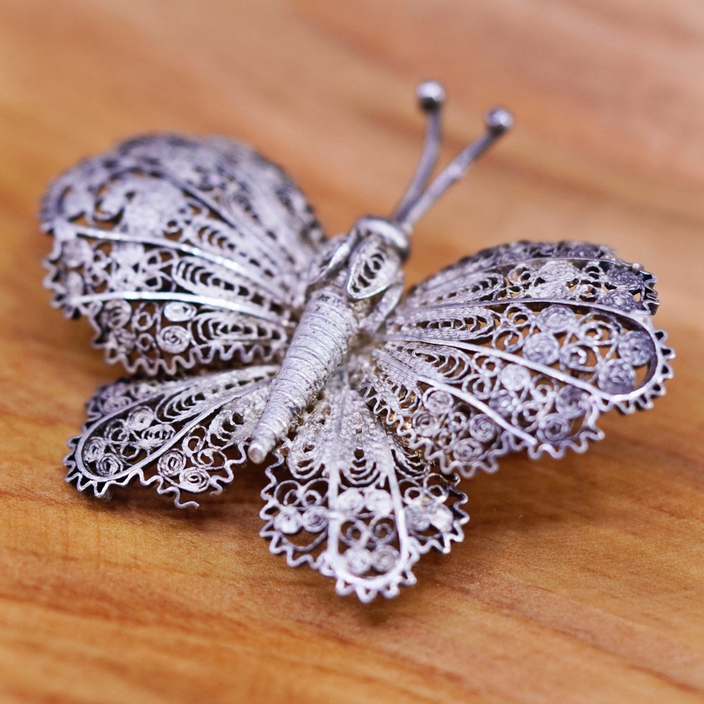 Vintage handmade sterling 925 silver filigree butterfly brooch