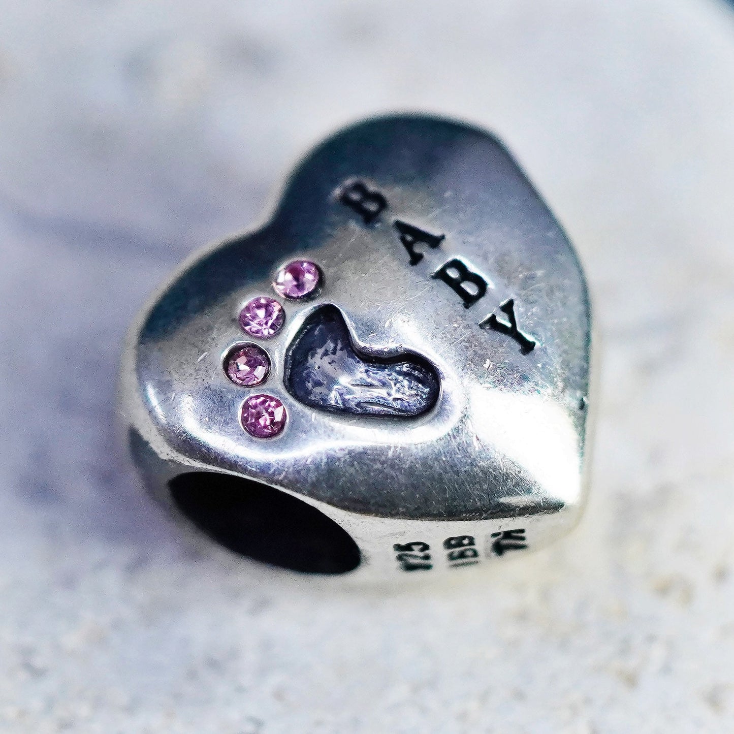 Vintage sterling silver handmade charm pendant, 925 heart bead embossed “baby”