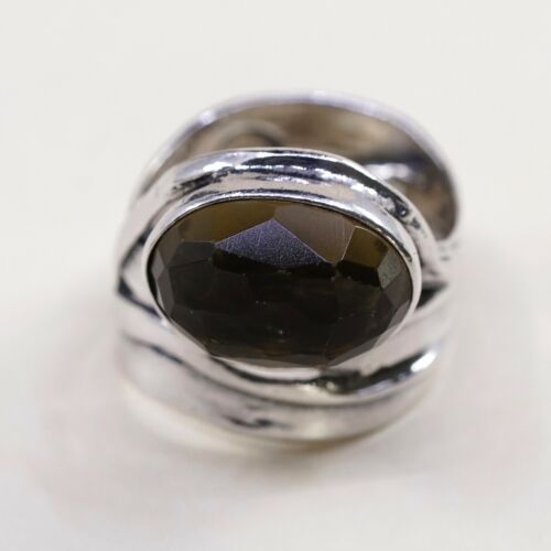 Sz 6, Vtg Sterling Silver Handmade Ring, 925 Silver Wrinklly Band W Smoky topaz
