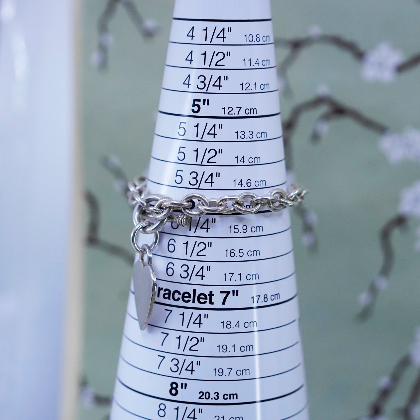 6”, Vintage sterling silver circle link bracelet, bold 925 chain w/ heart charm