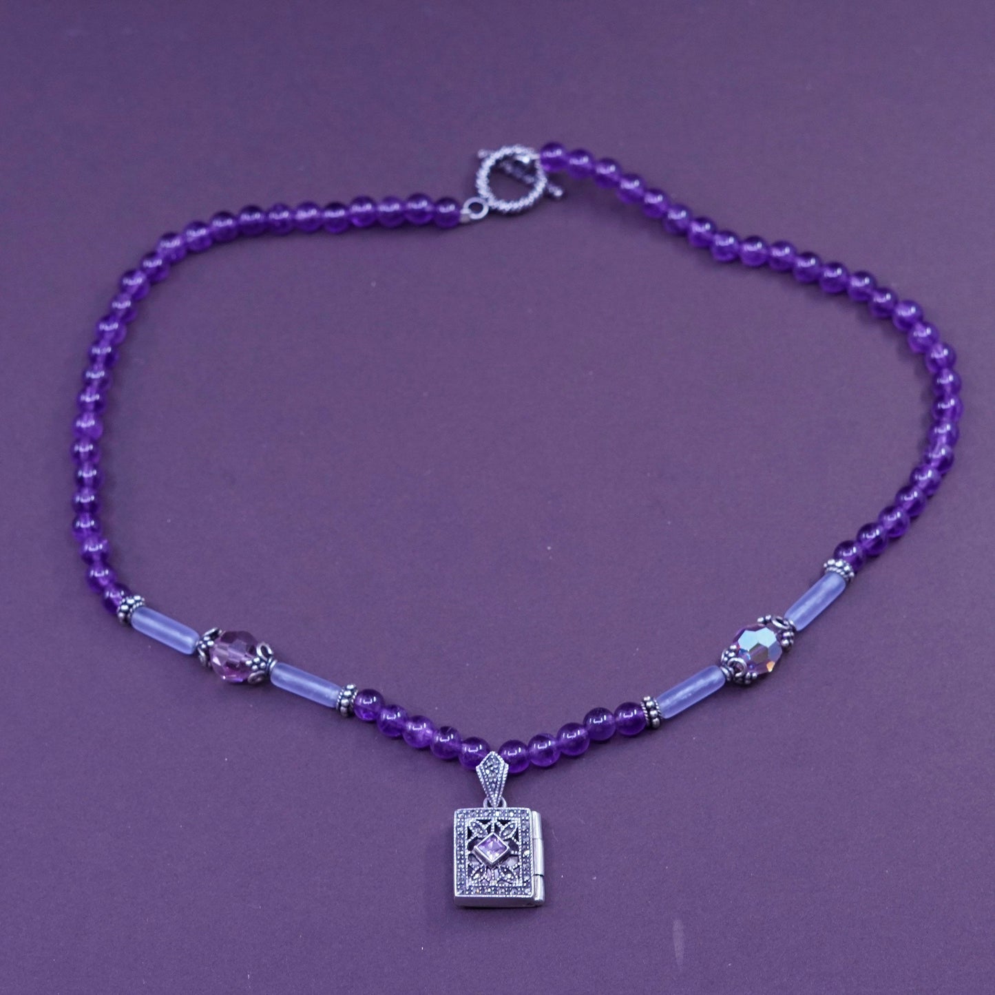 18”, sterling silver handmade necklace amethyst and 925 marcasite prayer locket