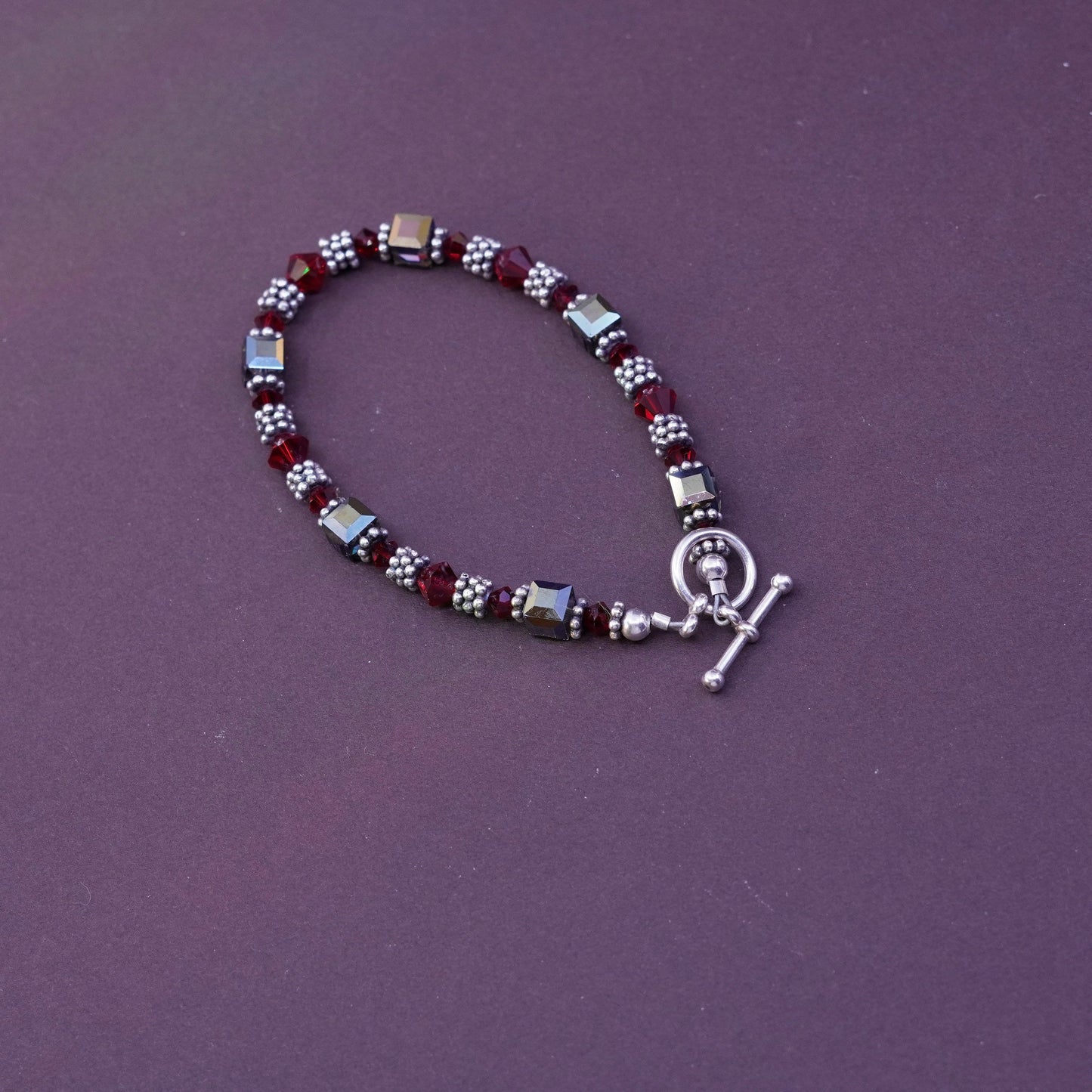 7”, Sterling silver handmade bracelet, 925 beads w/ red crystal toggle closure