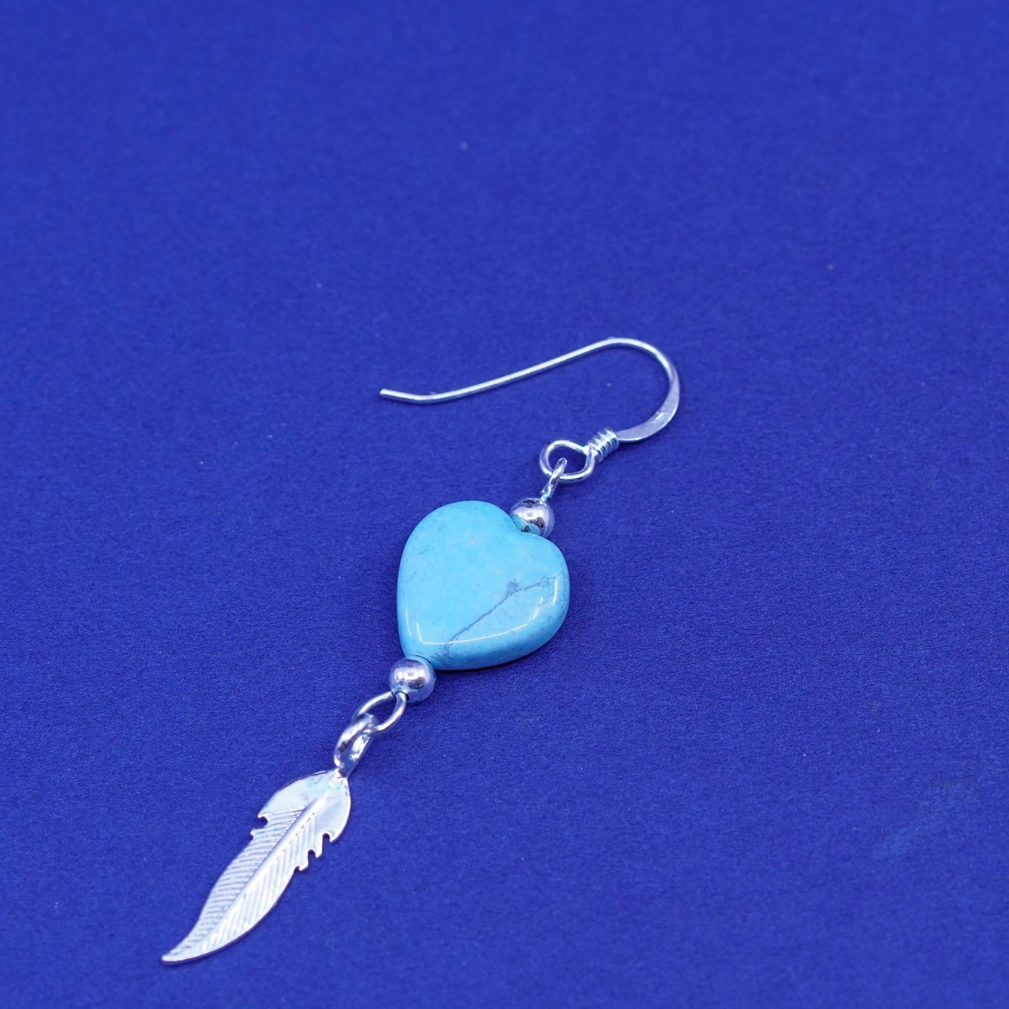 southwestern sterling 925 silver heart turquoise earrings with feather dangled