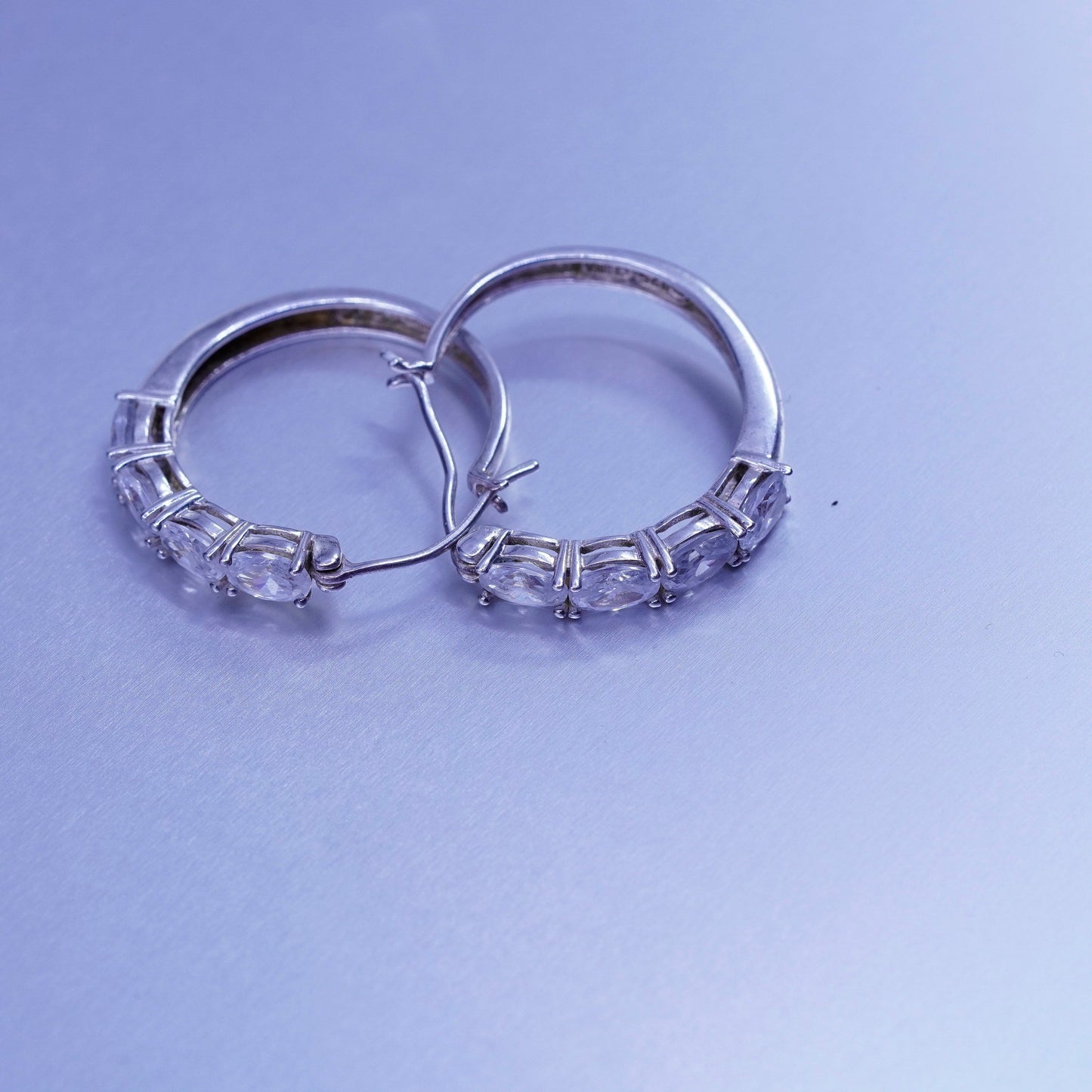 1”, vintage Sterling silver handmade earrings, 925 Huggie hoops with Cz