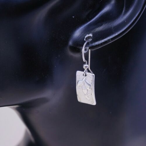 Vtg 925 Sterling Silver Handmade Tag Earrings W/ Leaves Embossed, Silver Tested