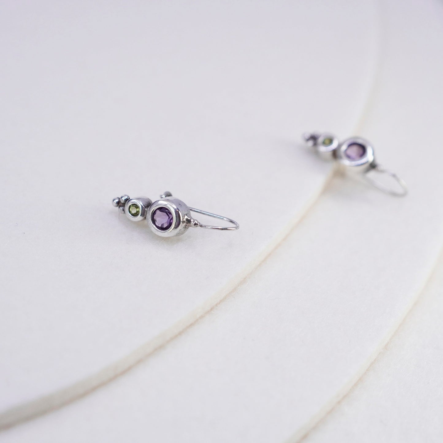 Vintage Sterling 925 silver earrings with round amethyst and peridot