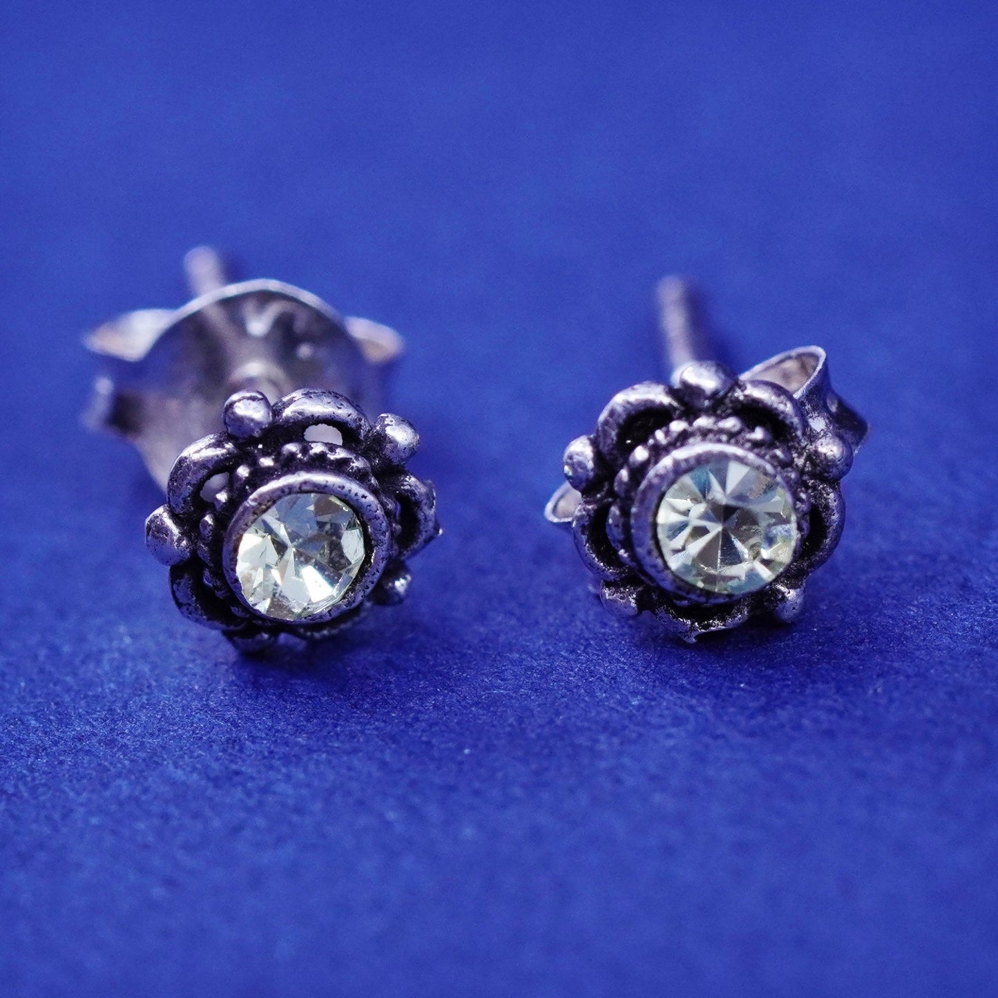 Vintage Sterling silver handmade earrings, 925 flower studs with cz