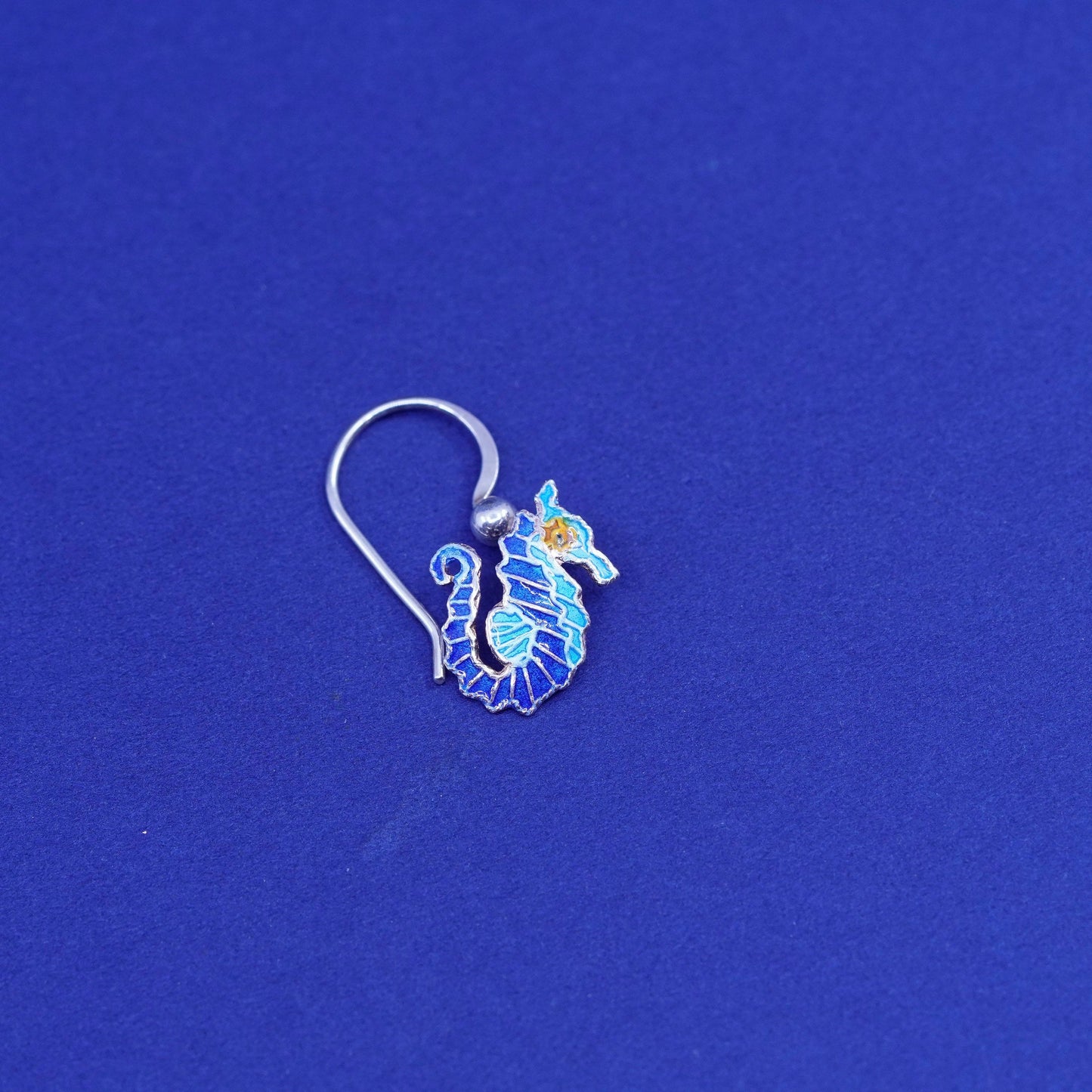Vintage Sterling 925 silver handmade earrings, blue enamel seahorse