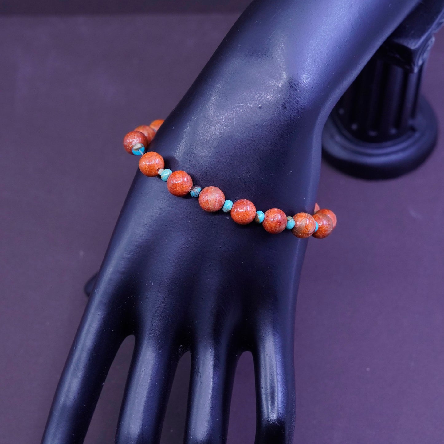 6.75”, vtg handmade bracelet, elastic band with red coral and turquoise beads