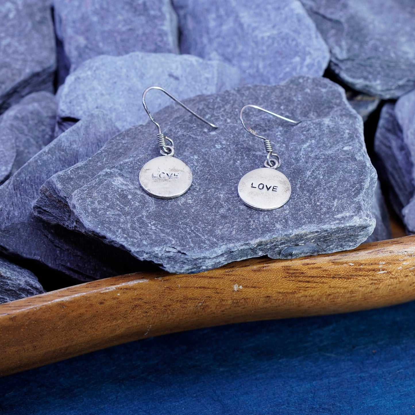 Sterling Silver handmade Earrings. 925 hammered circle disc embossed “love”