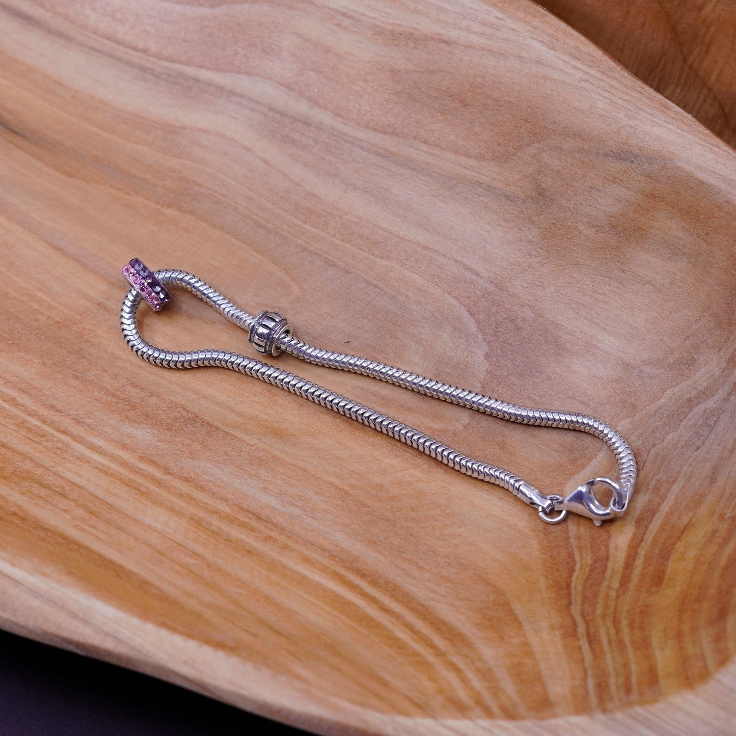 8.25”, sterling silver bracelet, 925 snake chain cluster crustal bead charms