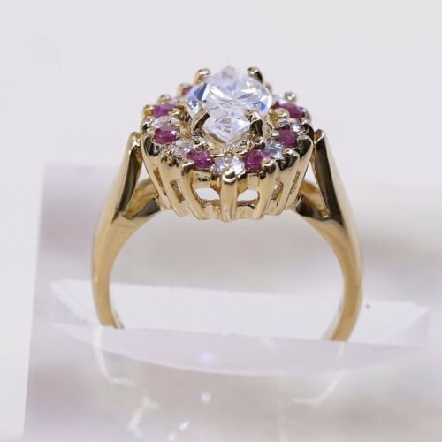 Sz 6, vermeil, gold over Sterling Silver Ring W/ ruby N Cz Around, stamped 925