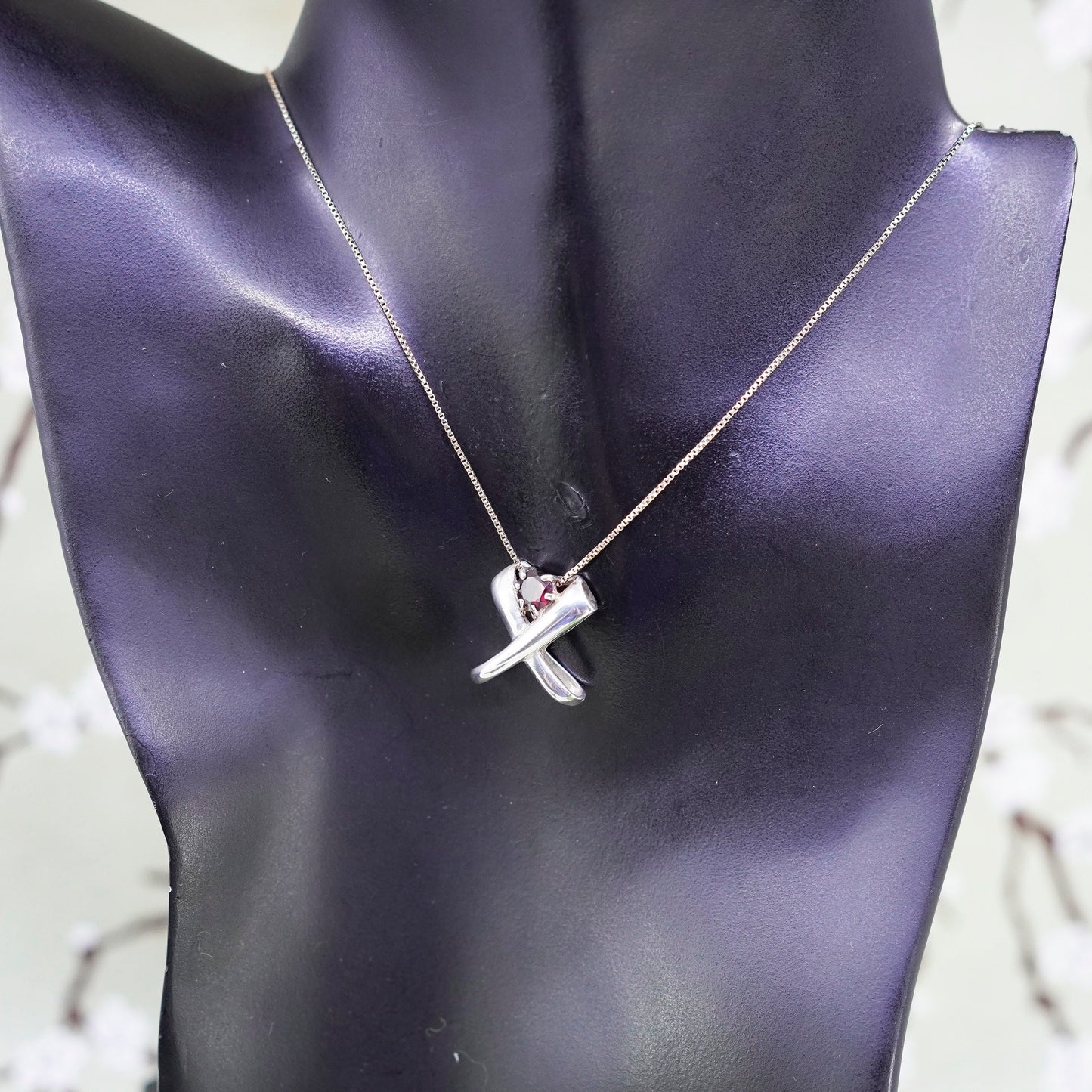 19”, sterling silver handmade necklace, 925 box chain with ruby cross pendant