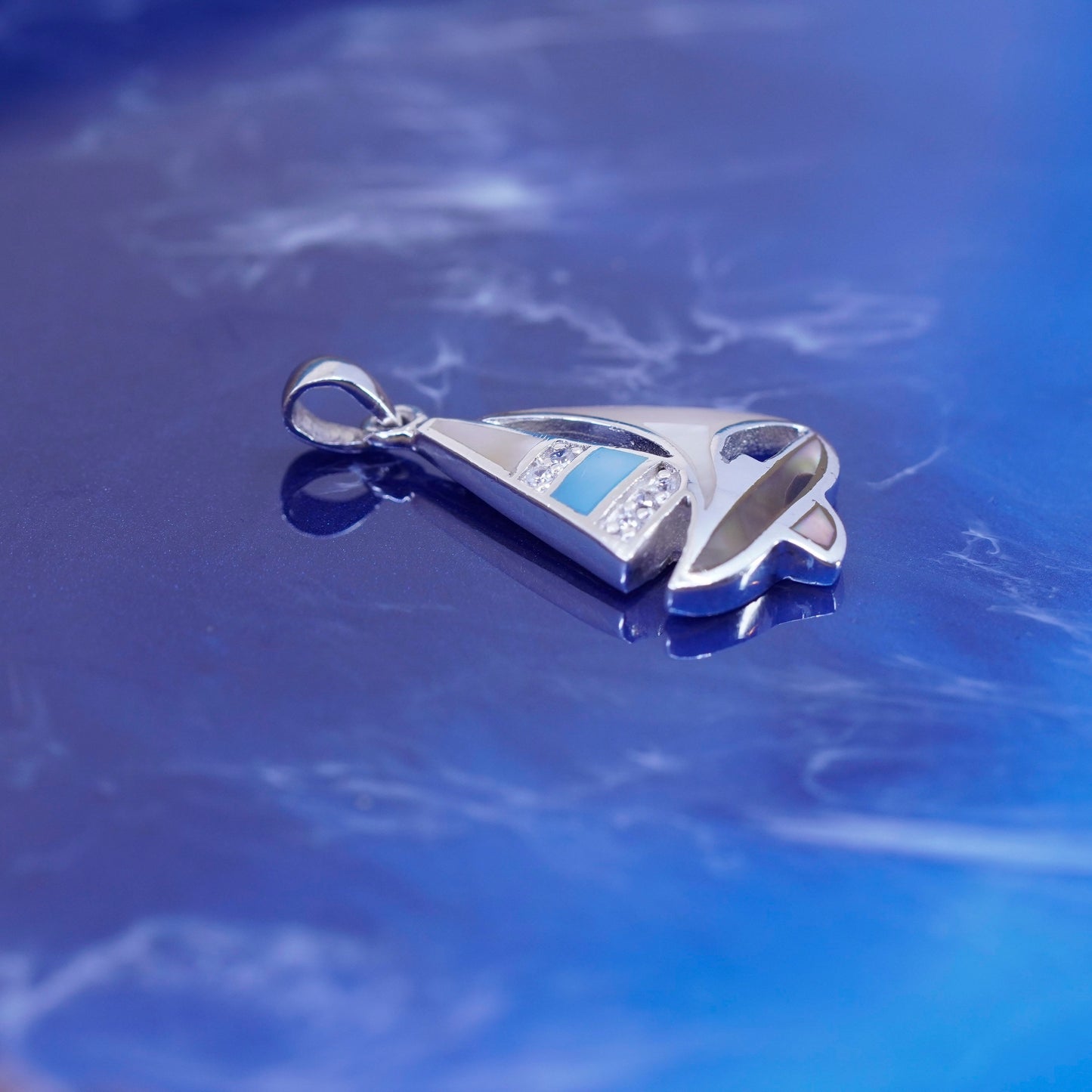 Vintage sterling silver handmade pendant, 925 sailing boat mother of pearl cz