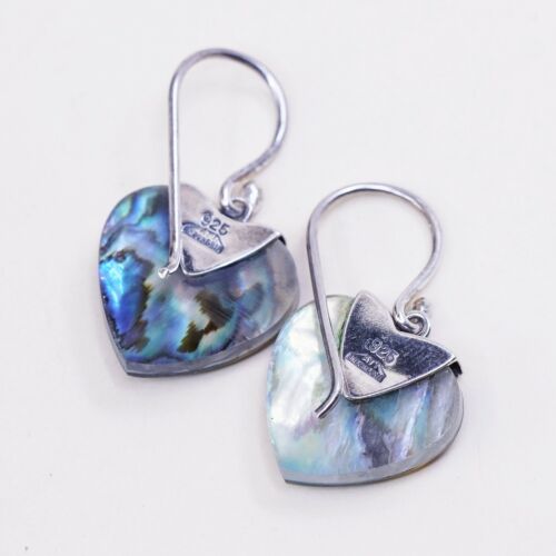 Vtg ATI Indonesia Sterling Silver Handmade Earrings, 925 Heart abalone