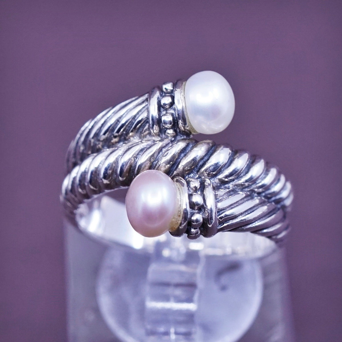 Size 8, vtg CFJ Sterling 925 silver handmade rope ring with freshwater pearl