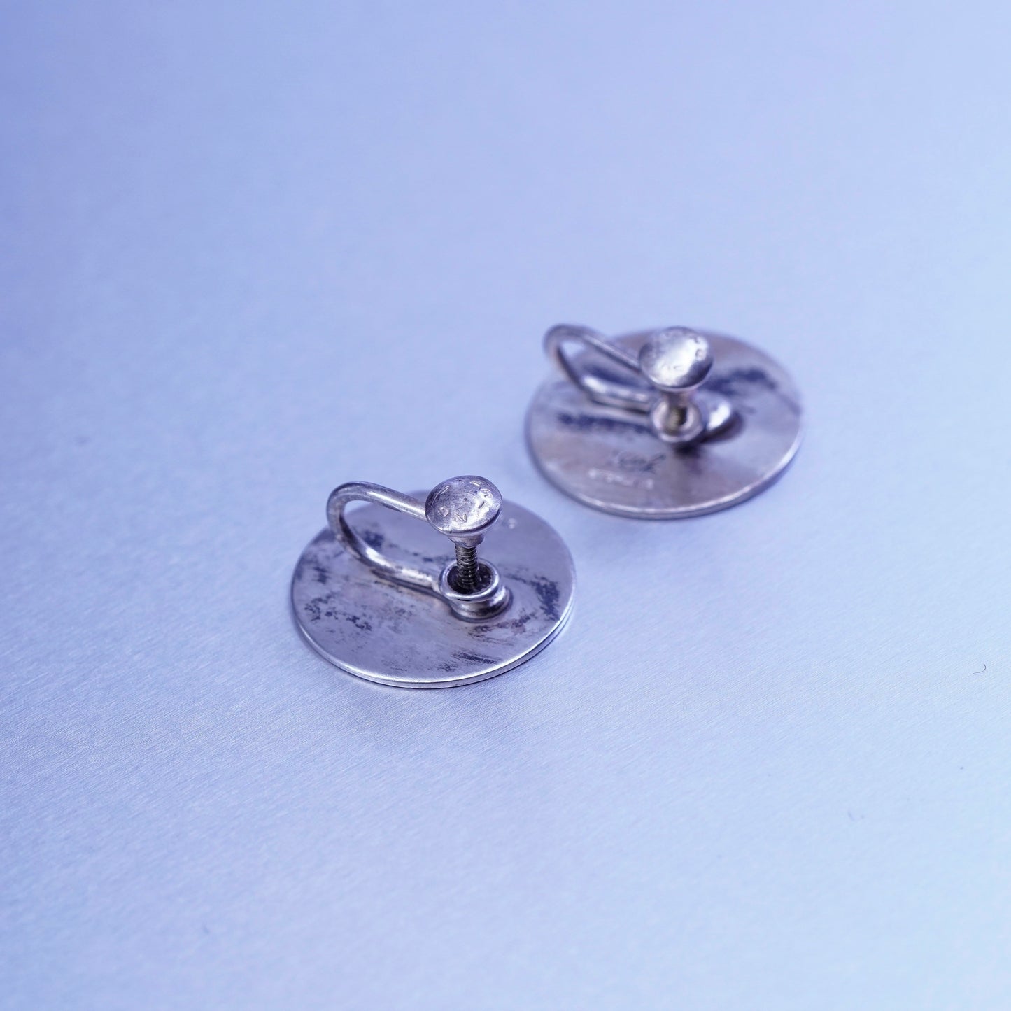1940s signed Leuf modern matte Sterling 925 silver earrings, circle screw back
