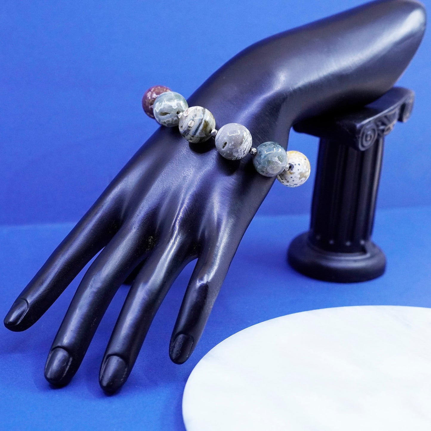6.75”, sterling silver handmade bracelet, huge genuine agate beads 925 leafy