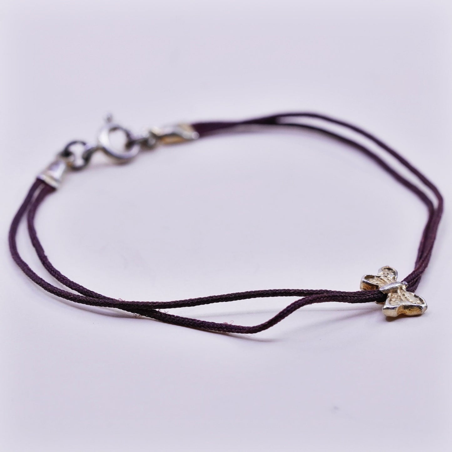 6.5” Vintage Sterling silver handmade bracelet, 925 butterfly with linen thread