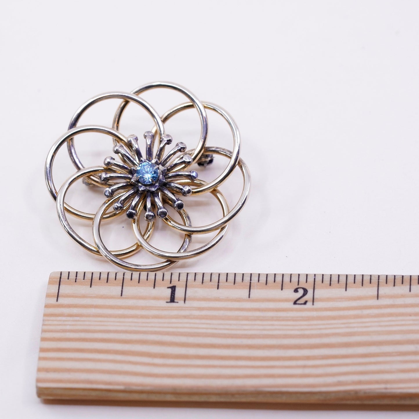 Symmetalic Vermeil gold filled sterling silver 14K brooch, 925 flower crystal