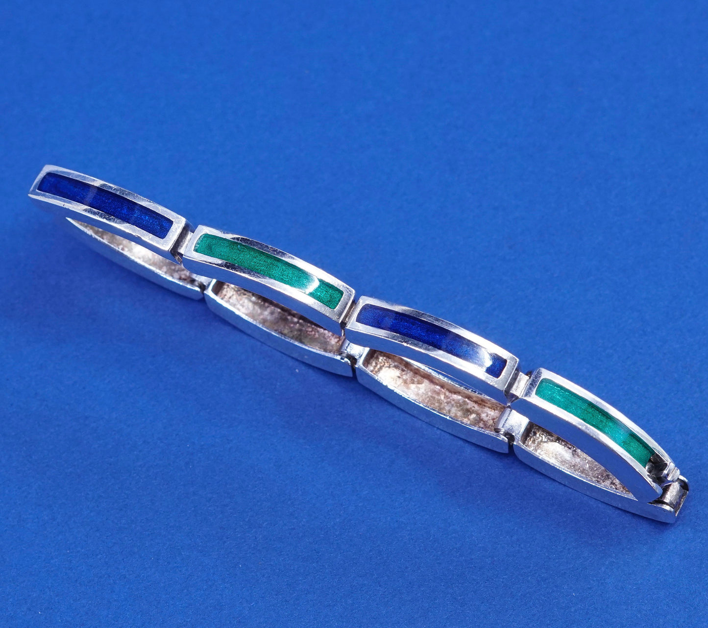 7.25”, vintage Sterling silver handmade bracelet, 925 bar with enamel