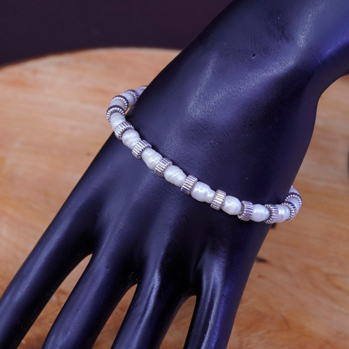 7.5”, vtg Sterling silver handmade bracelet, freshwater pearl with 925 beads