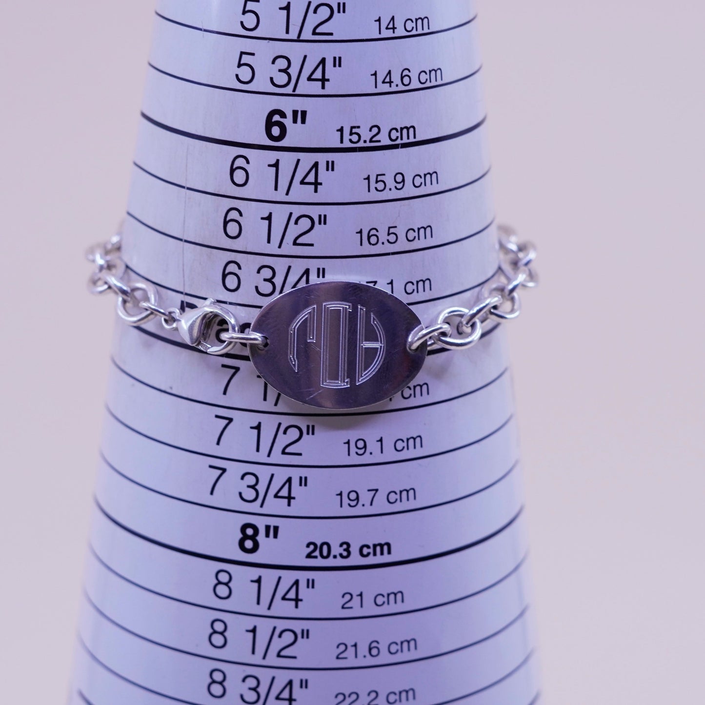 7”, Vintage sterling silver circle chain, 925 bracelet monogram initial “ADJ”