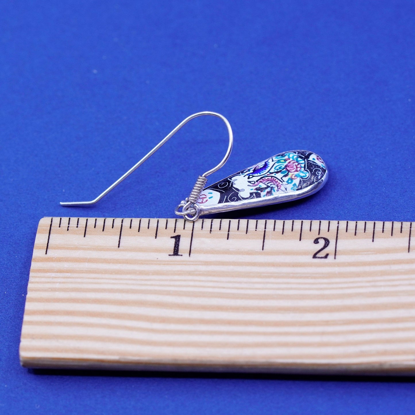 Vintage sterling 925 silver handmade earrings with orient teardrop enamel
