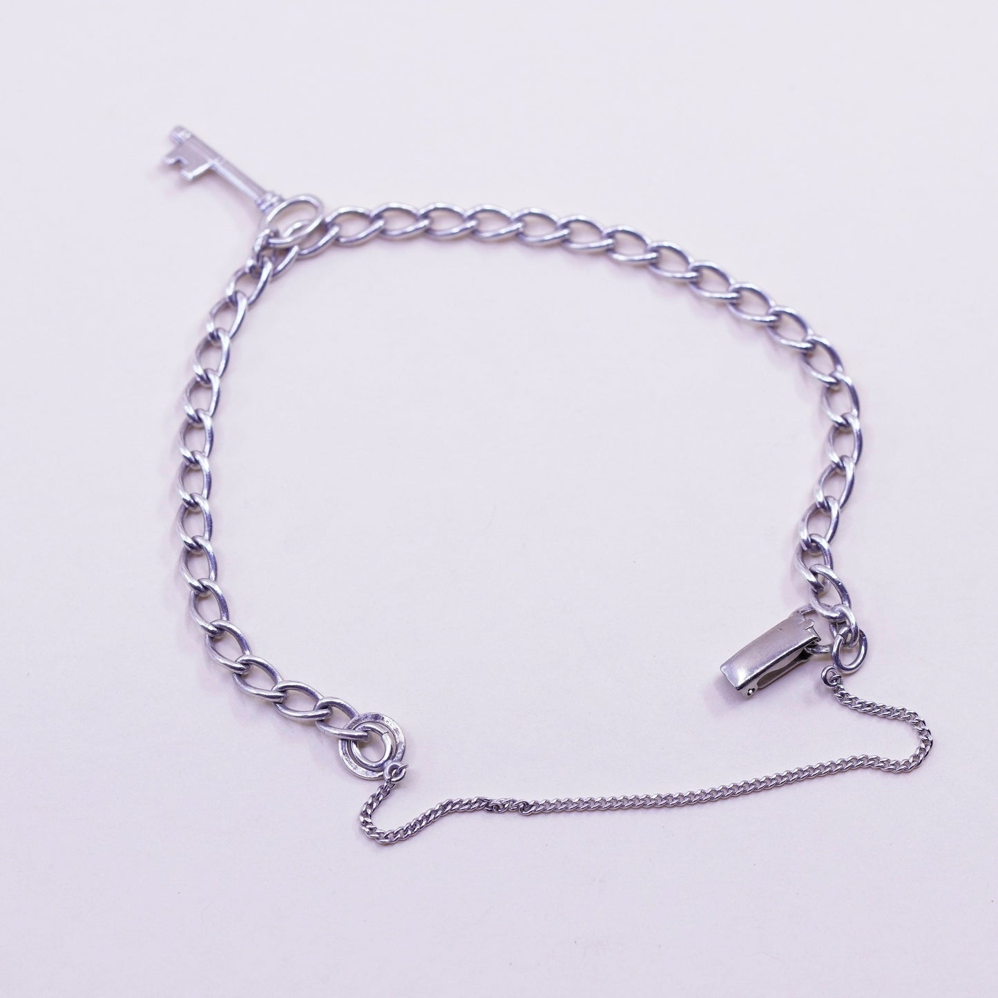 6.25”, 5mm, Vintage sterling silver curb chain, 925 handmade bracelet key charm