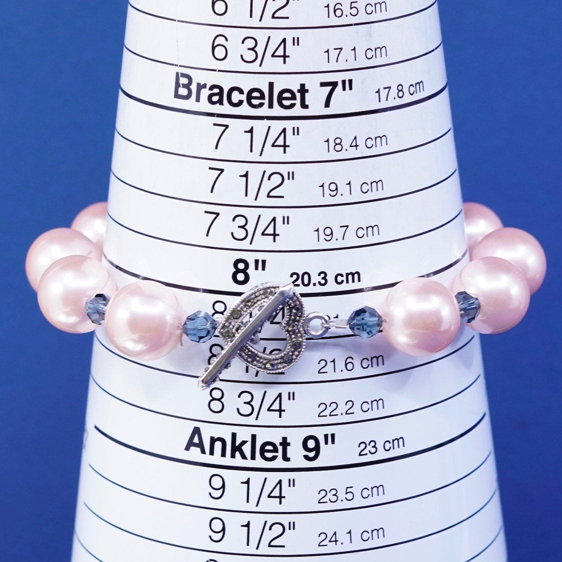 8.25", sterling silver handmade bracelet, pink pearl beads N 925 heart toggle