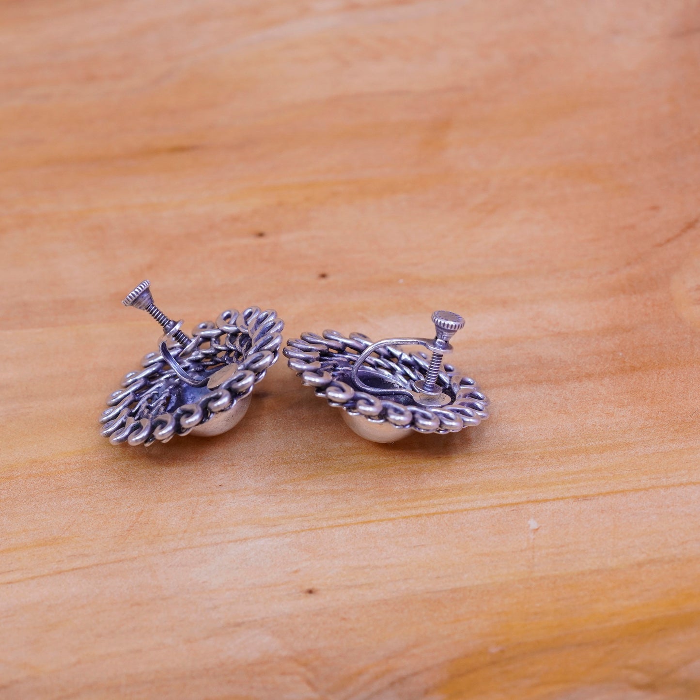 Vintage Sterling silver handmade screw back earrings, 925 flower