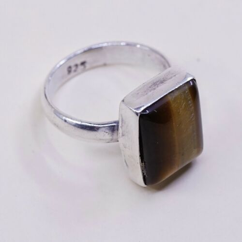 Sz 5.75, Vintage Handmade Sterling Silver Ring W/ Golden Tiger Eye, Stamped 925