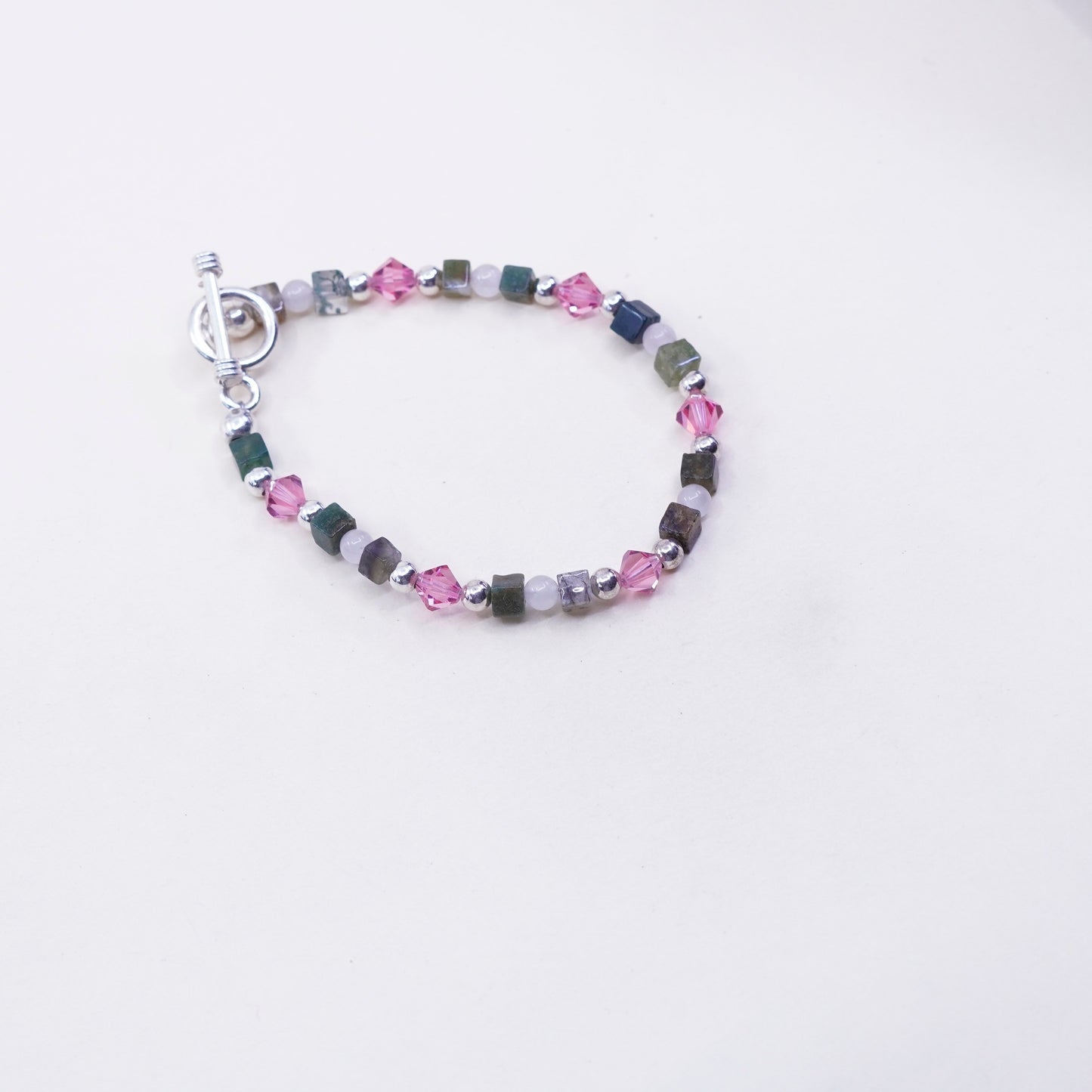 6.75”, Vintage handmade bracelet with sterling 925 silver jade quartz beads