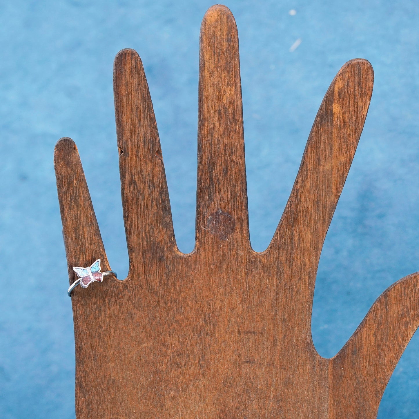 Size 4.25, Native American sterling silver ring, 925 butterfly turquoise coral