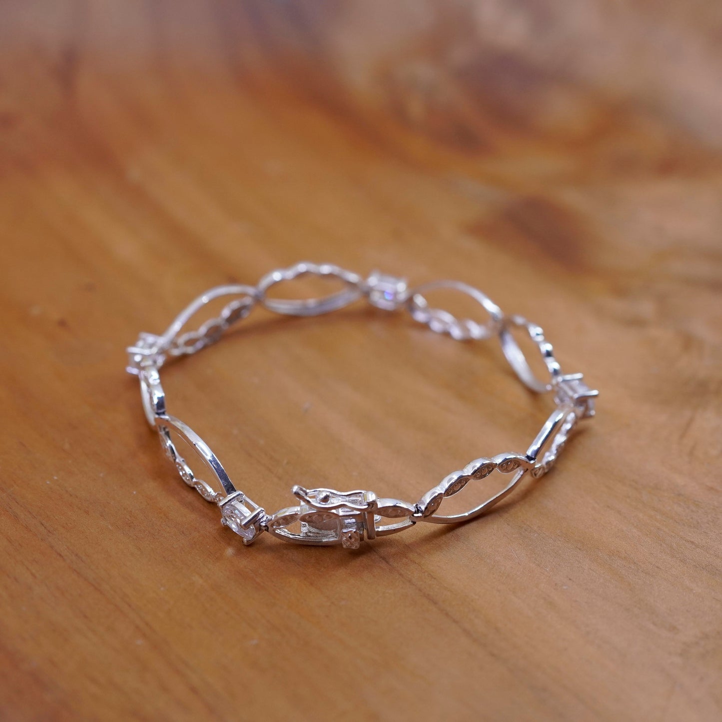 7“, vintage Sterling silver handmade tennis bracelet, 925 oval link with cz