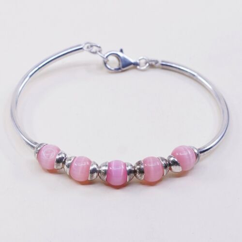 7”, Vtg Sterling Silver Handmade Bracelet, 925 W/ Pink Tiger’s Eye Bangle
