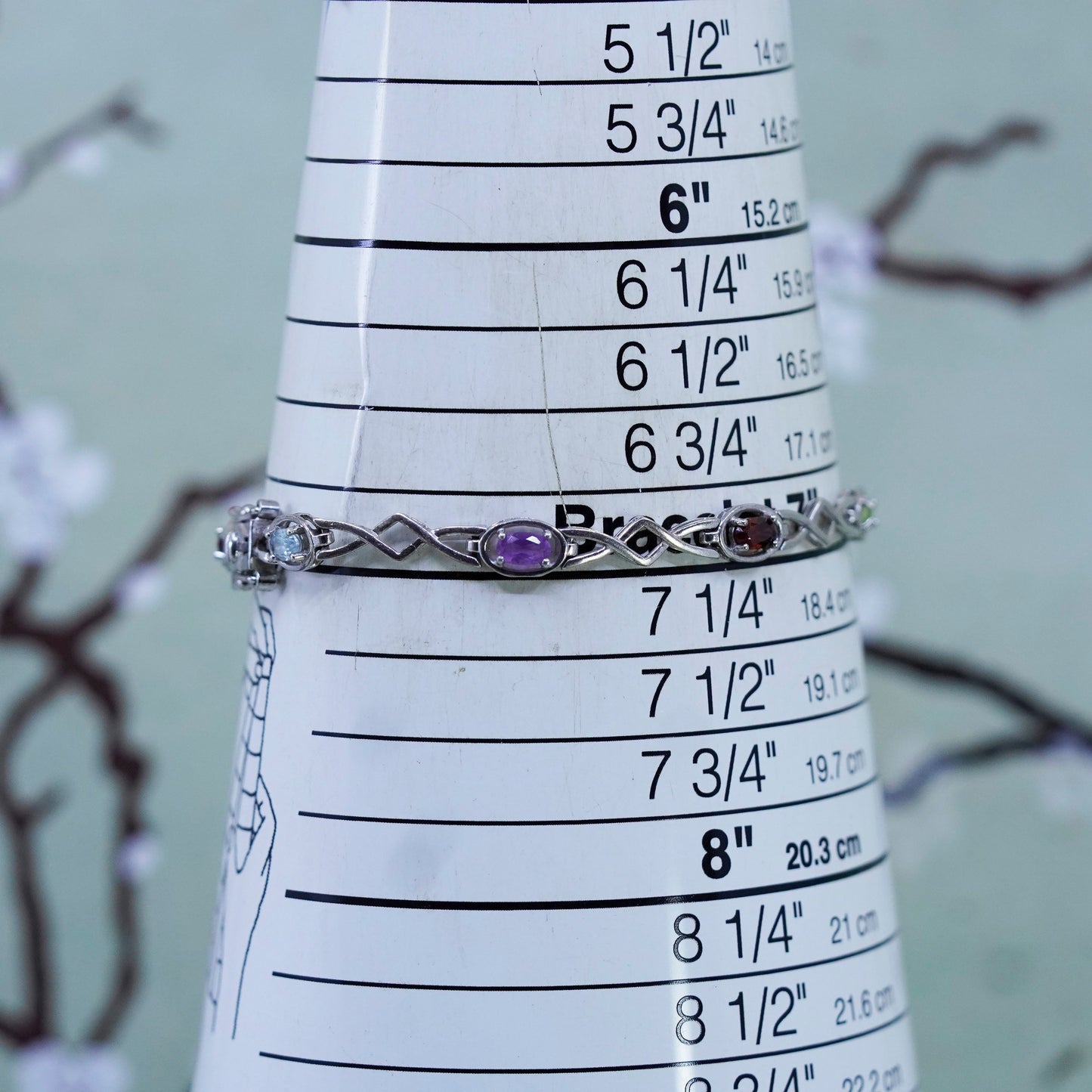 7”, vintage Sterling 925 silver tennis bracelet with ruby peridot peridot