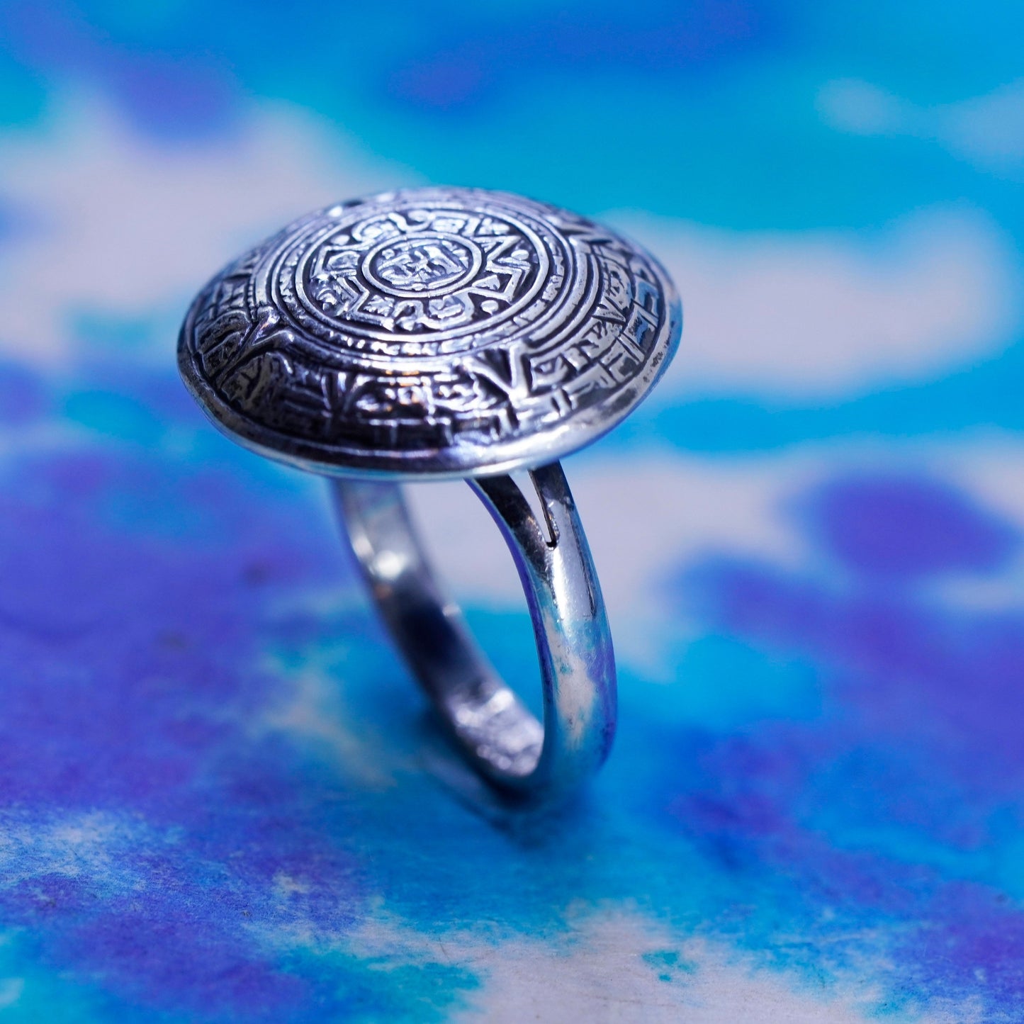 Size 6.5, vintage unique mexico Sterling silver ring, 925 mayan calendar band