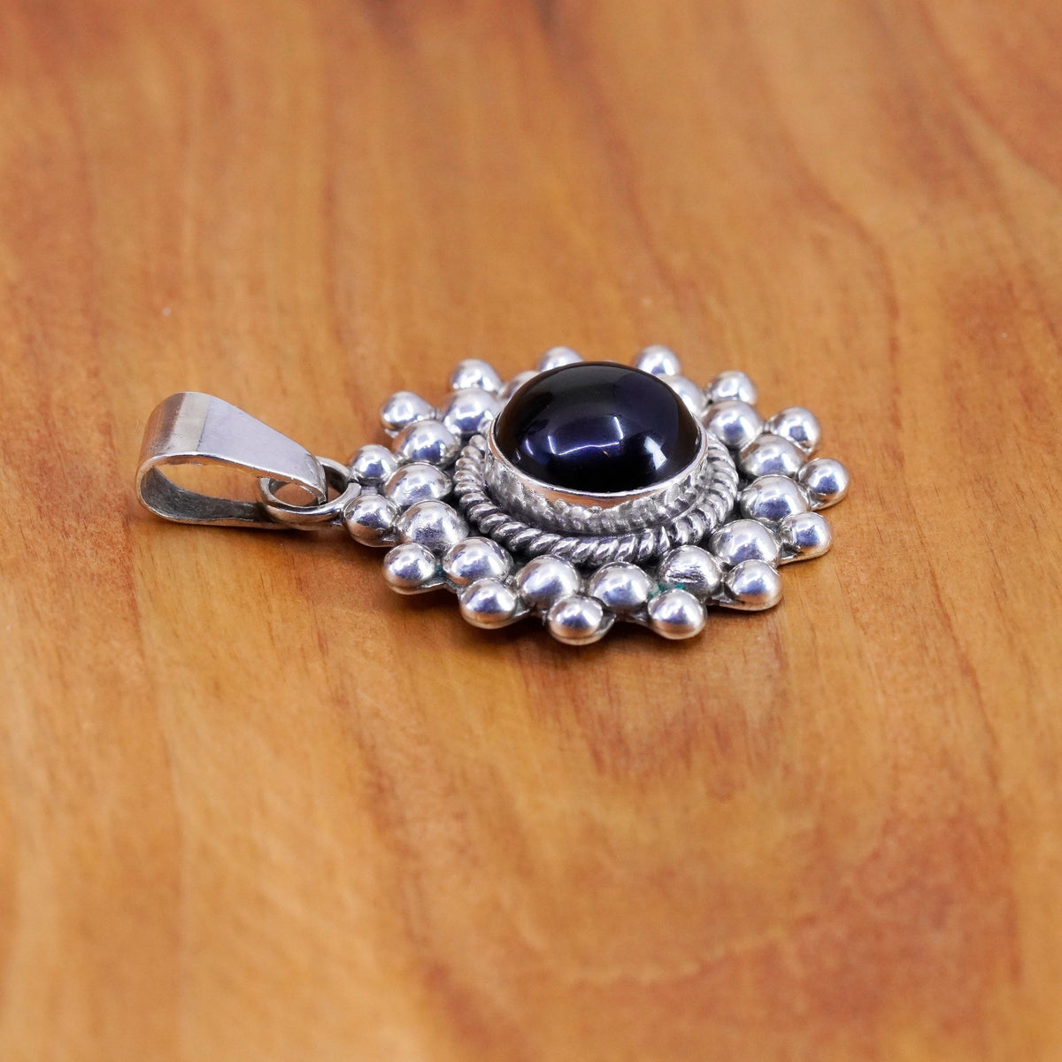 Vintage Sterling silver handmade pendant, Mexico 925 sun with onyx and beads