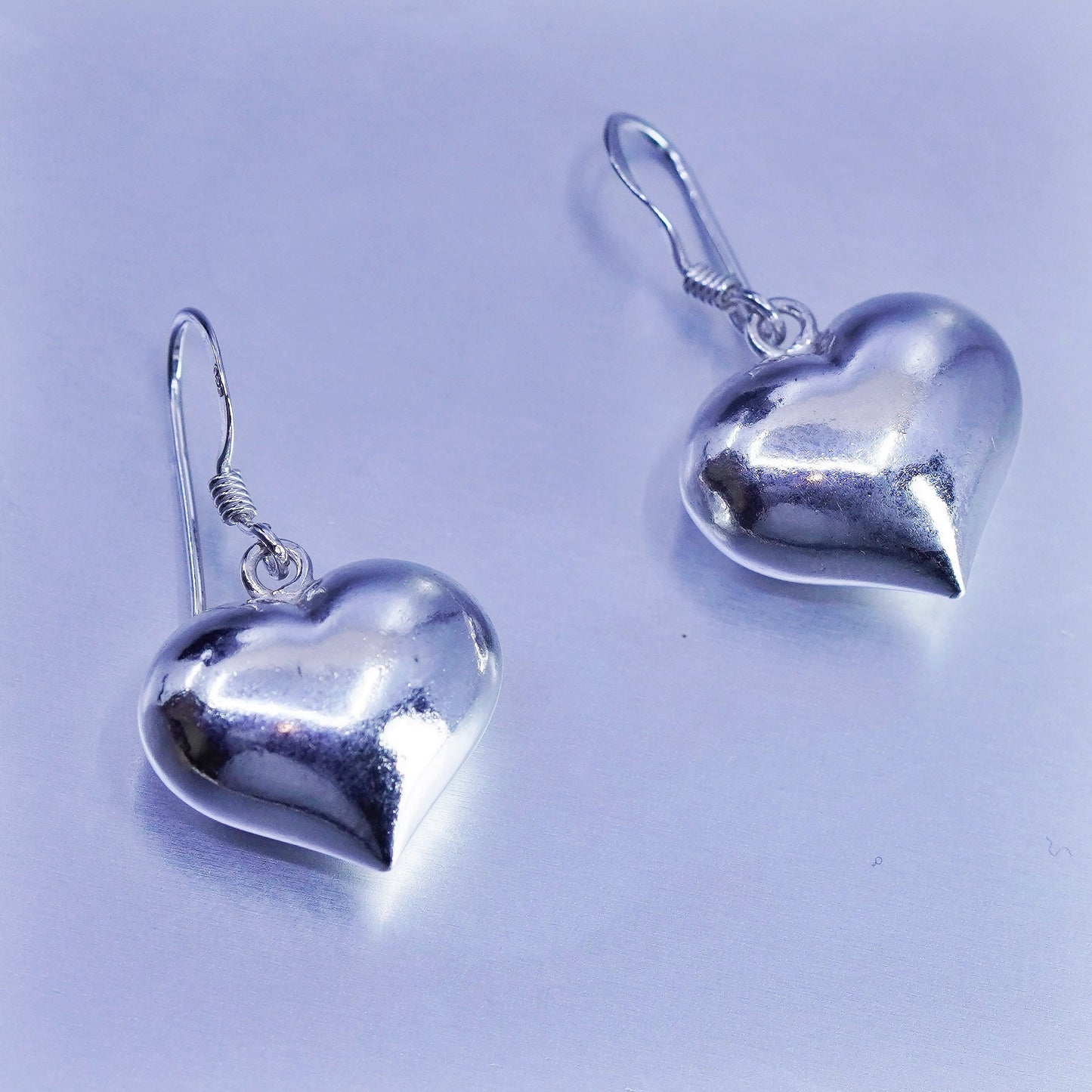 Vintage Sterling 925 silver handmade earrings with puffy heart dangles