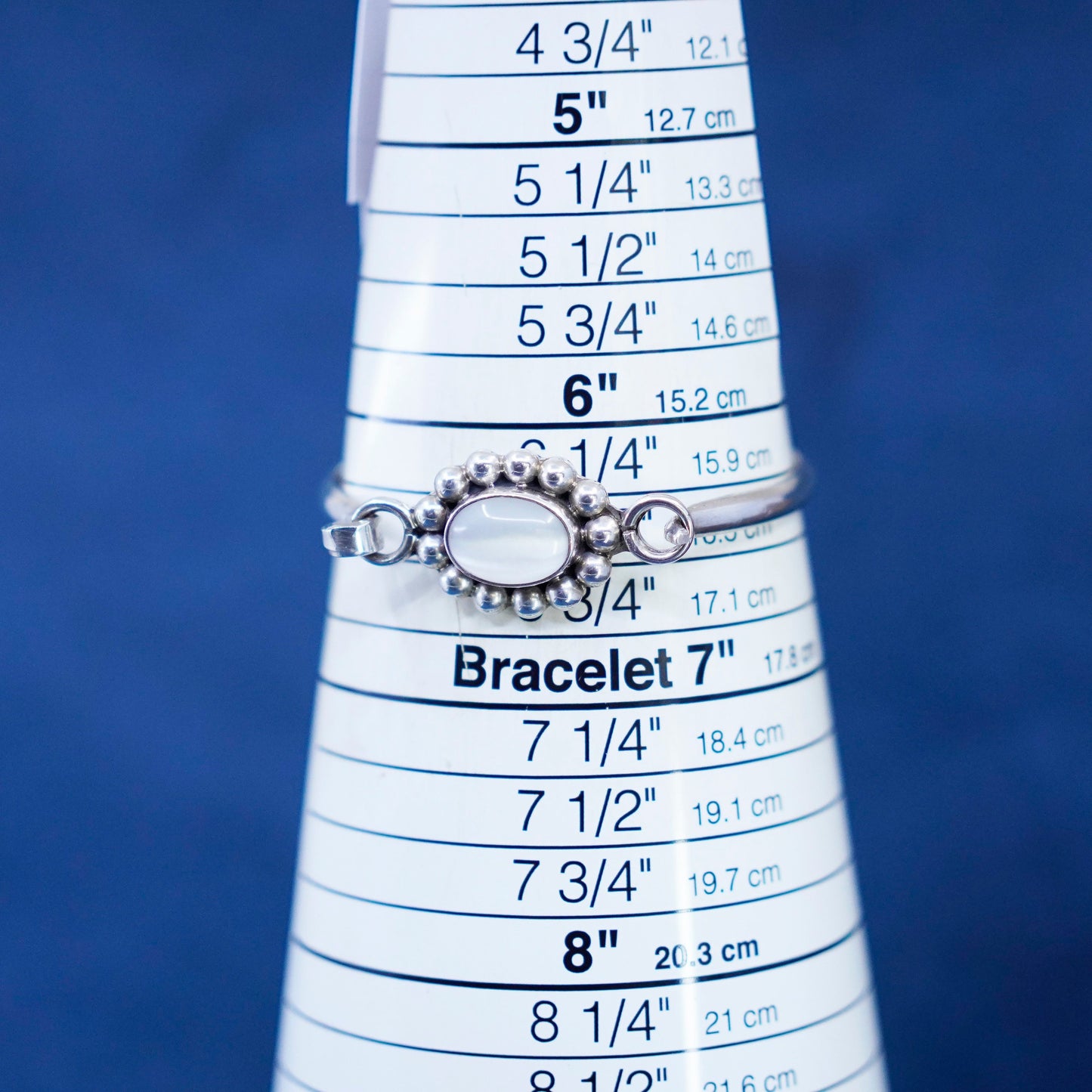 6.5”, sterling silver handmade bracelet, 925 hinged bangle with white cat eye