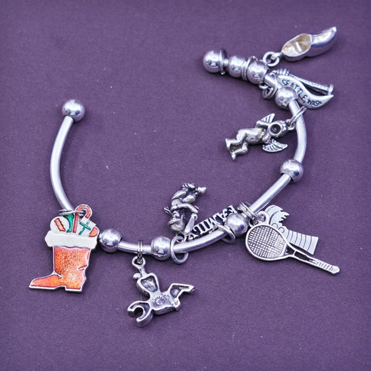 6.5”, sterling silver bracelet, 925 cuff Holland wooden shoe tennis racket ABC