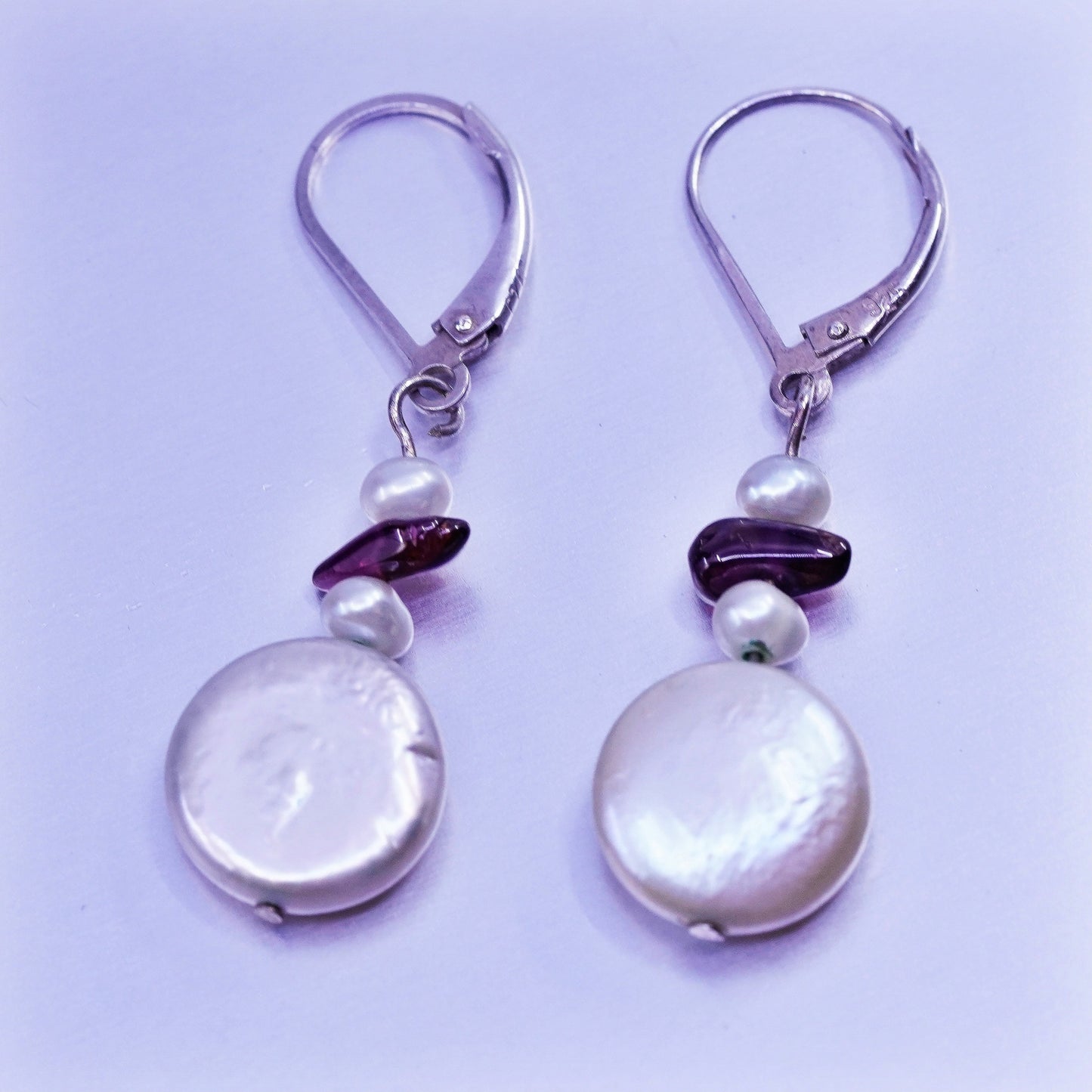 Vintage Sterling 925 silver handmade earrings freshwater coin pearl garnet