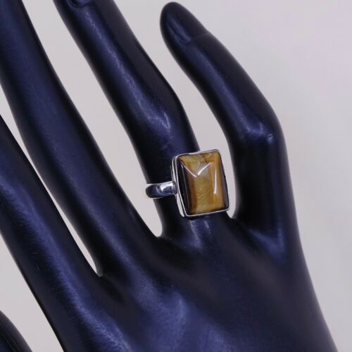 Sz 5.75, Vintage Handmade Sterling Silver Ring W/ Golden Tiger Eye, Stamped 925