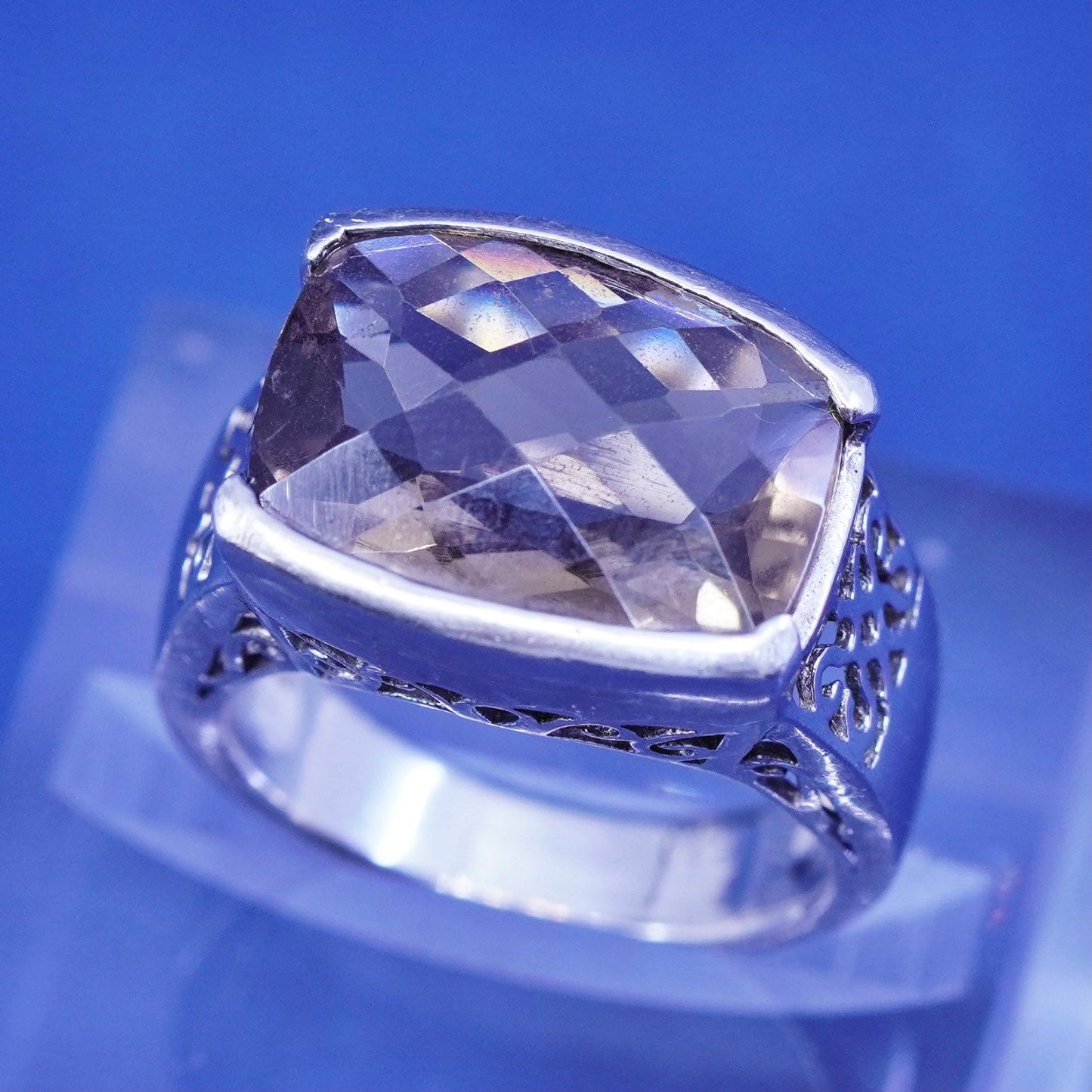 Size 7.25, sterling 925 silver handmade filigree ring w/ cushion smoky topaz