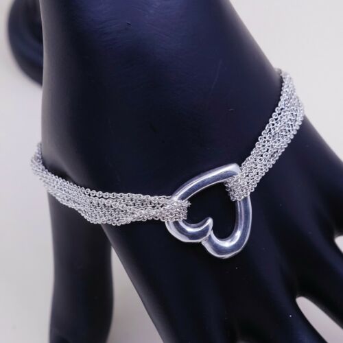 7”, Vtg Sterling Silver Bracelet Multi Strands 925 Circle Chain W/ Heart Charm