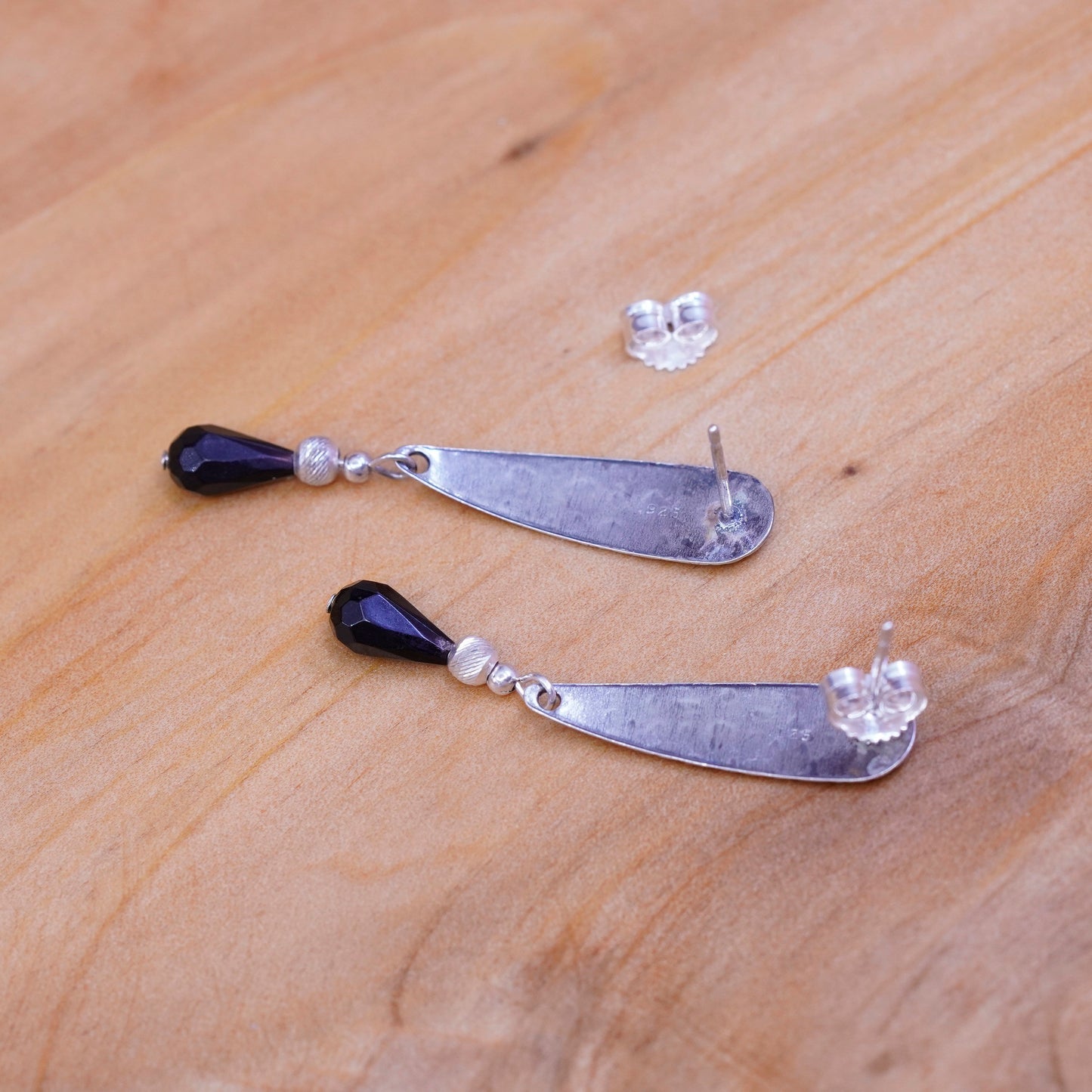 sterling 925 silver handmade textured earrings, with teardrop obsidian beads