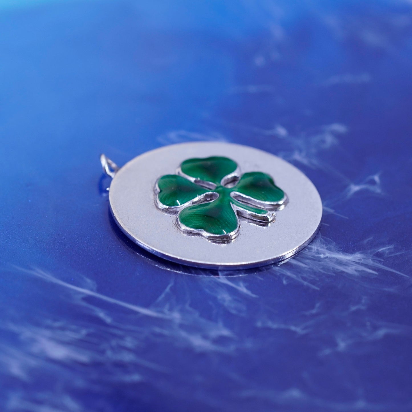 vtg Sterling 925 silver handmade pendant, enamel lucky four leaves clover charm